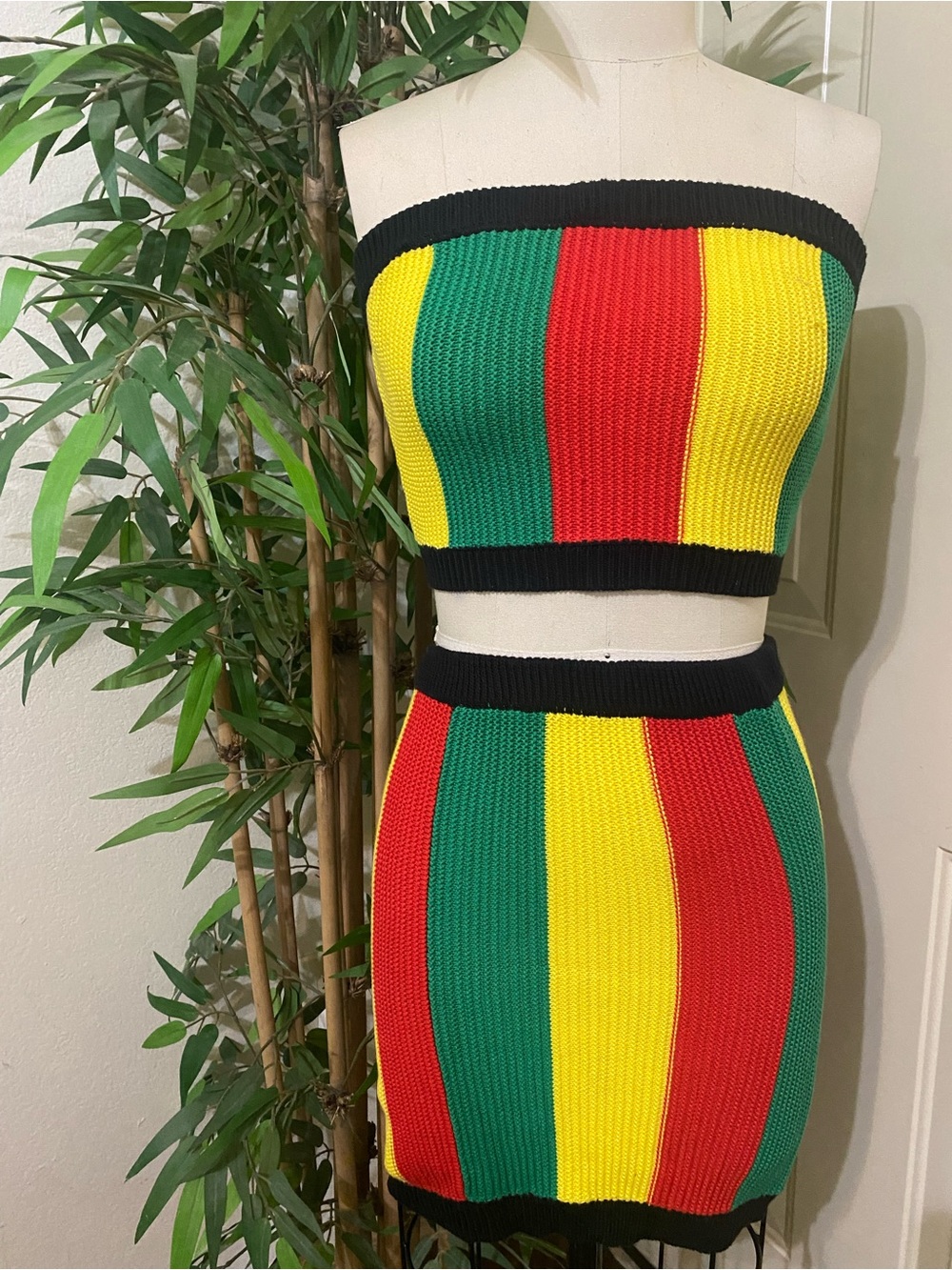 Forever 21 Ribbed Tube Top & Skirt Set in Red, Yellow, Green with Black Trim